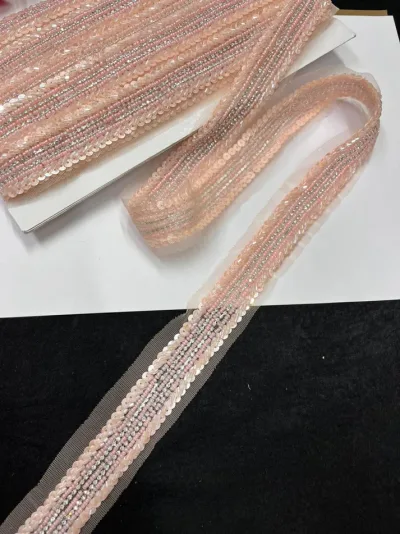 Handmade Sequins Diamond Embroidered Lace on Net Fabric - Peach